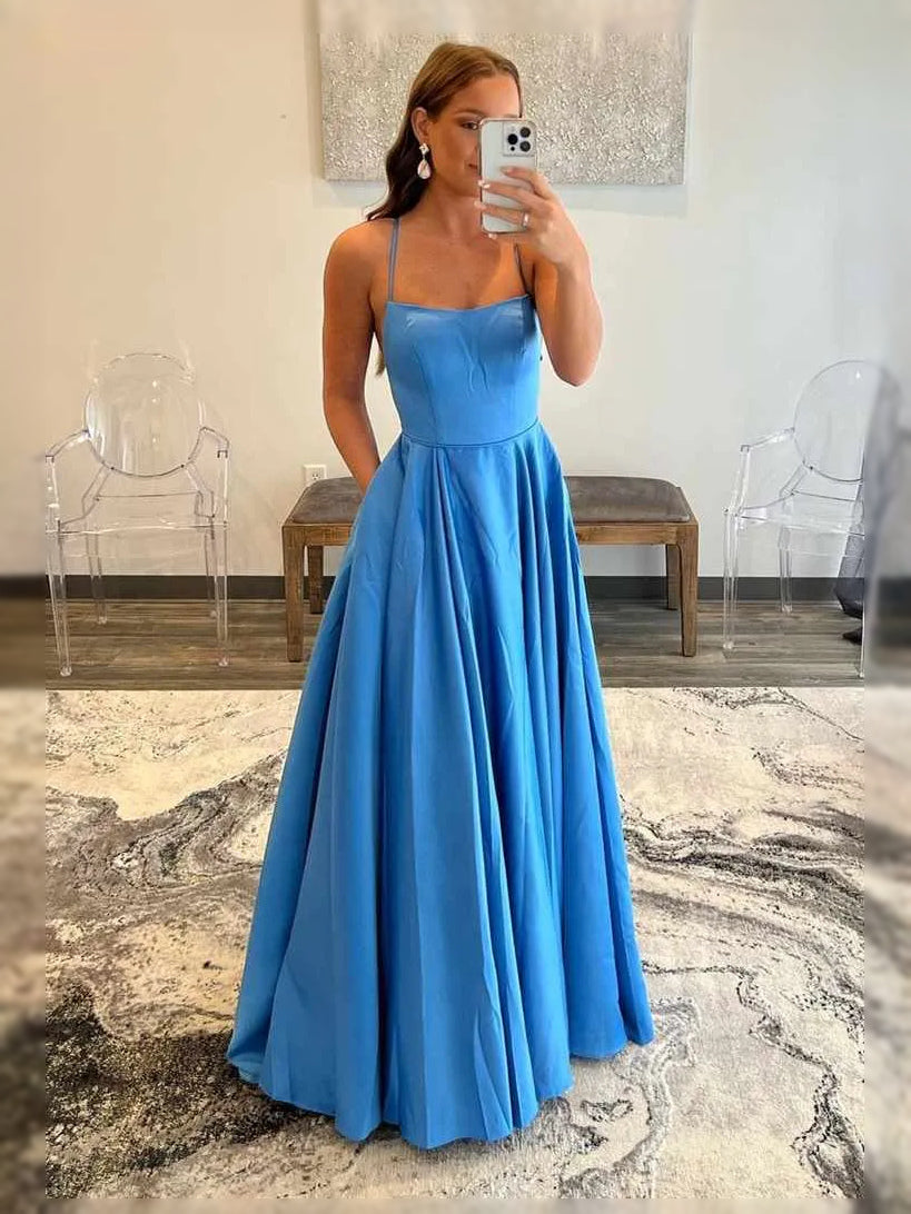 Sky Blue Draped Backless Square Neck A-Line Maxi Satin Prom Dress for Prom Night