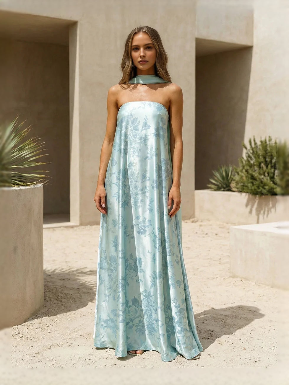 Floral Strapless A-Line Maxi Satin Bridesmaid Dress for Destination Wedding