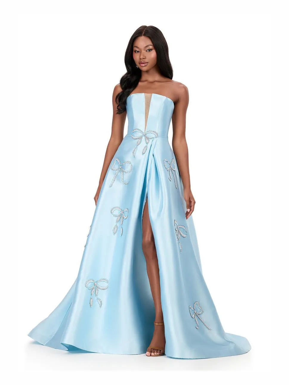 Front-Slit Bow Slit Strapless A-Line Maxi Satin Prom Dress for Red Carpet Event