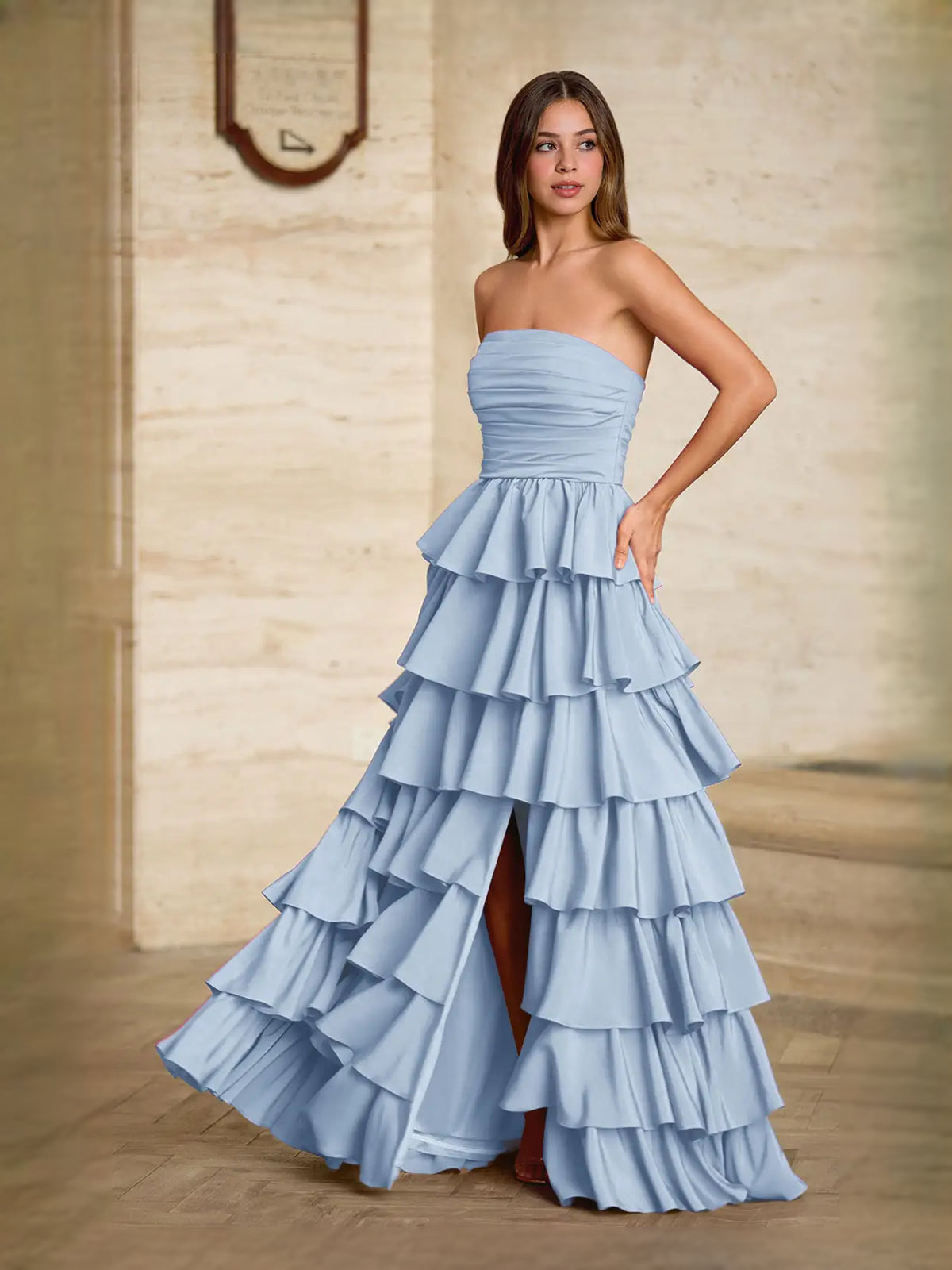 Ruched Ruffled Slit Strapless A-Line Maxi Satin Prom Dress for Senior Prom