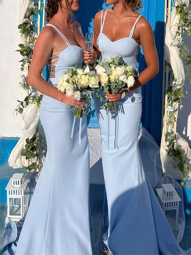 Sky Blue Sweetheart Sheath Floor-Length Satin Prom Dress for Black Tie Event
