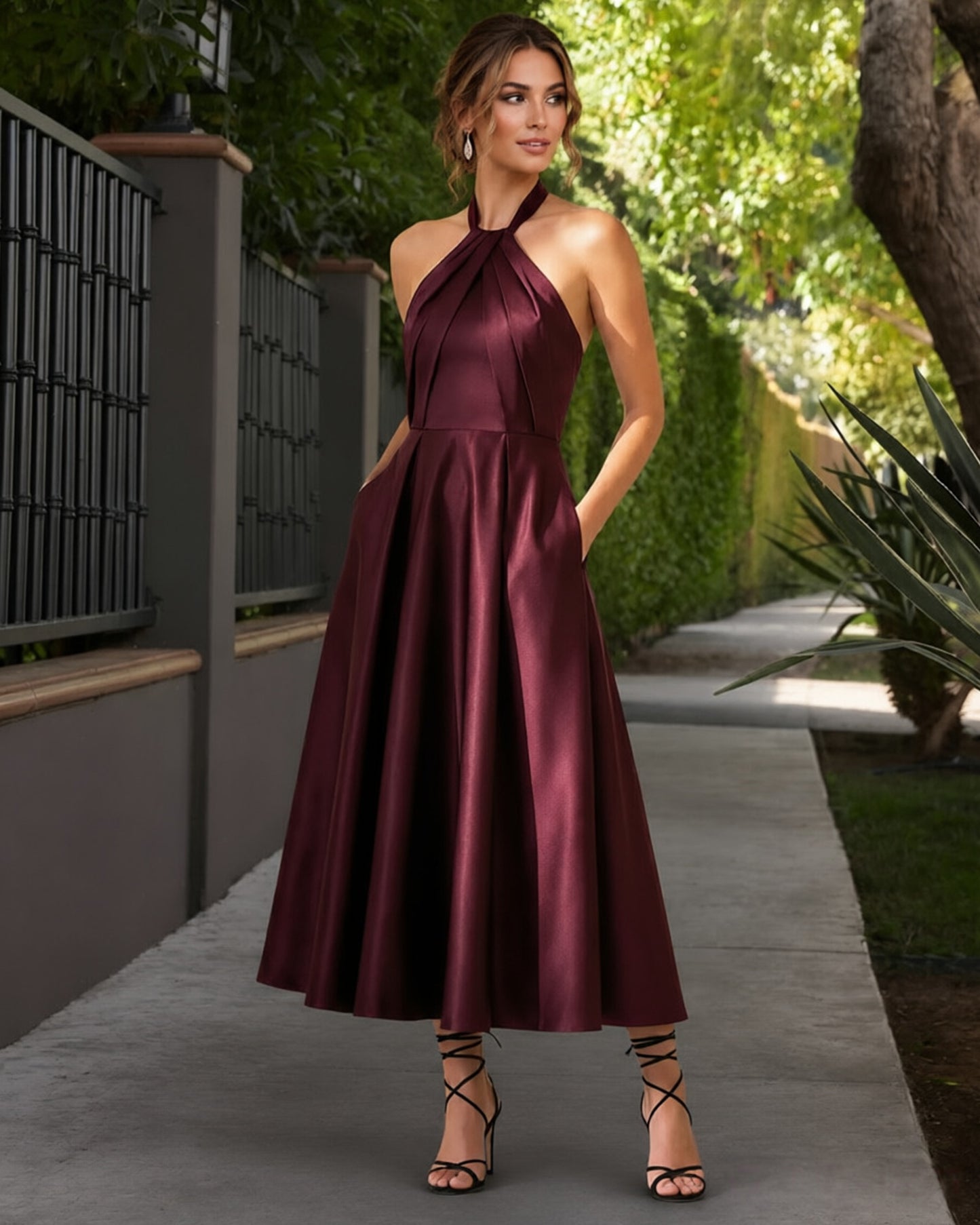 Halter Neck Satin Tea-Length Formal Dress with Open Back