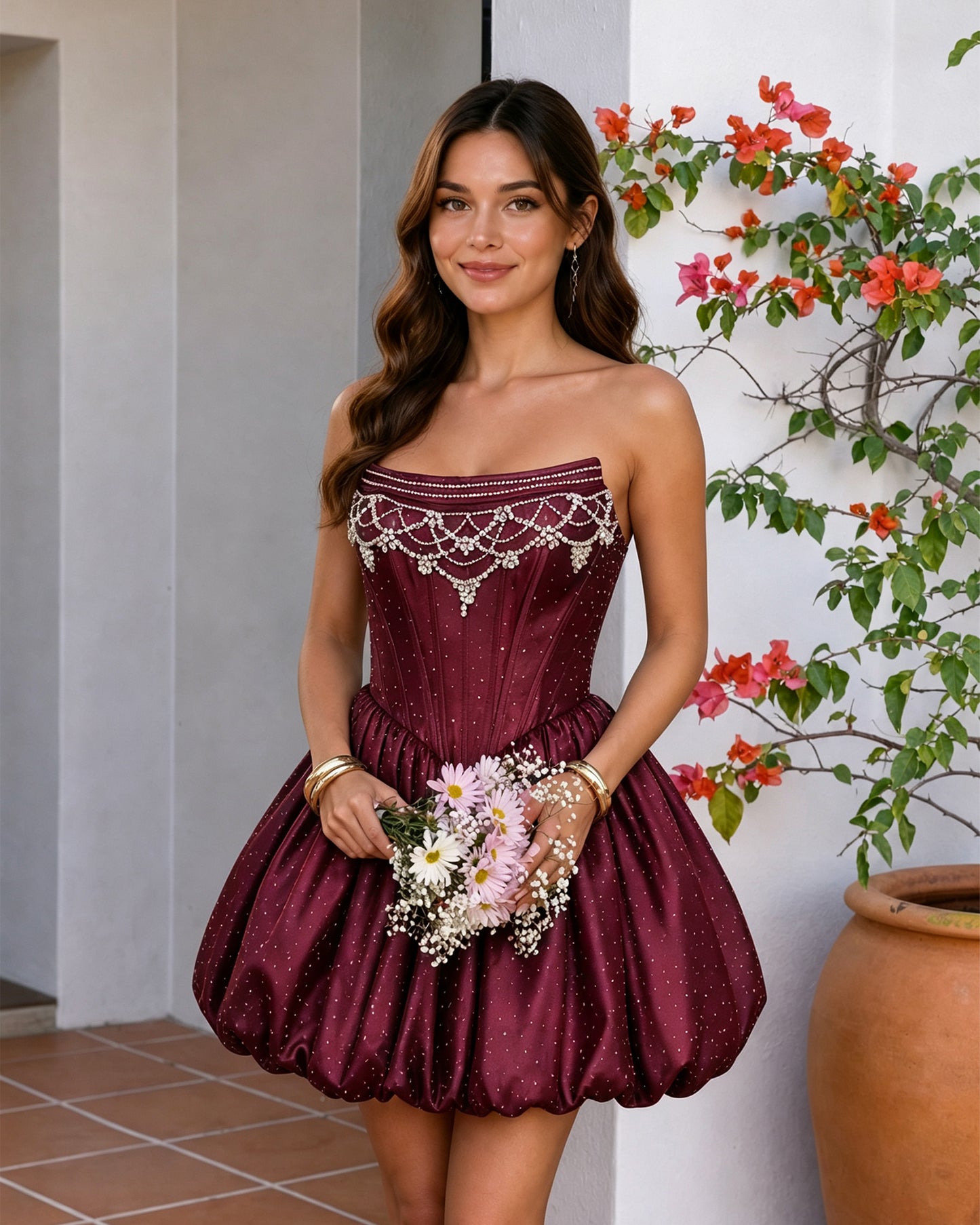 Strapless Beaded Corset Bubble Hem Homecoming Dress