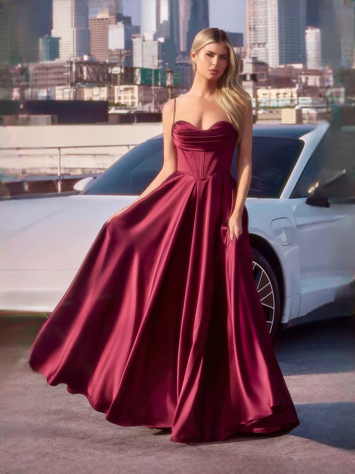Ruched Corset Slit Sweetheart A-Line Floor-Length Satin Prom Dress for Charity Ball