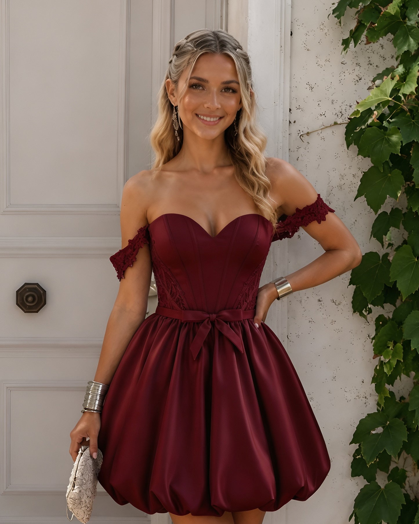 Off-Shoulder Floral Satin Bubble Hem Homecoming Dress