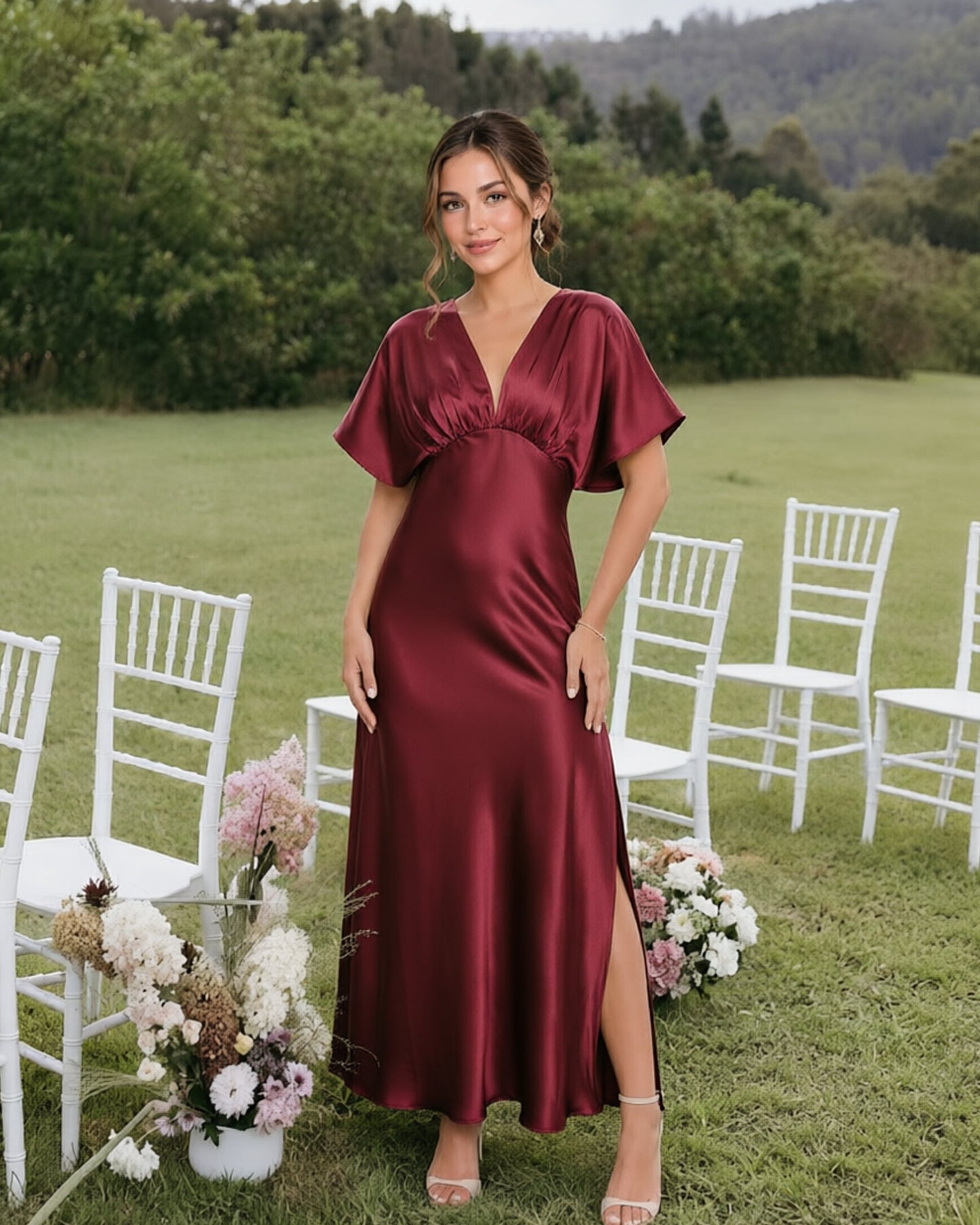 Empire Waist Satin Bridesmaid Dress with Flutter Sleeves and Side Slit