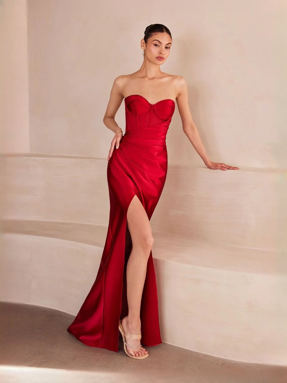 Ruched Corset Slit Sweetheart Mermaid Floor-Length Satin Prom Dress for Evening Ceremony
