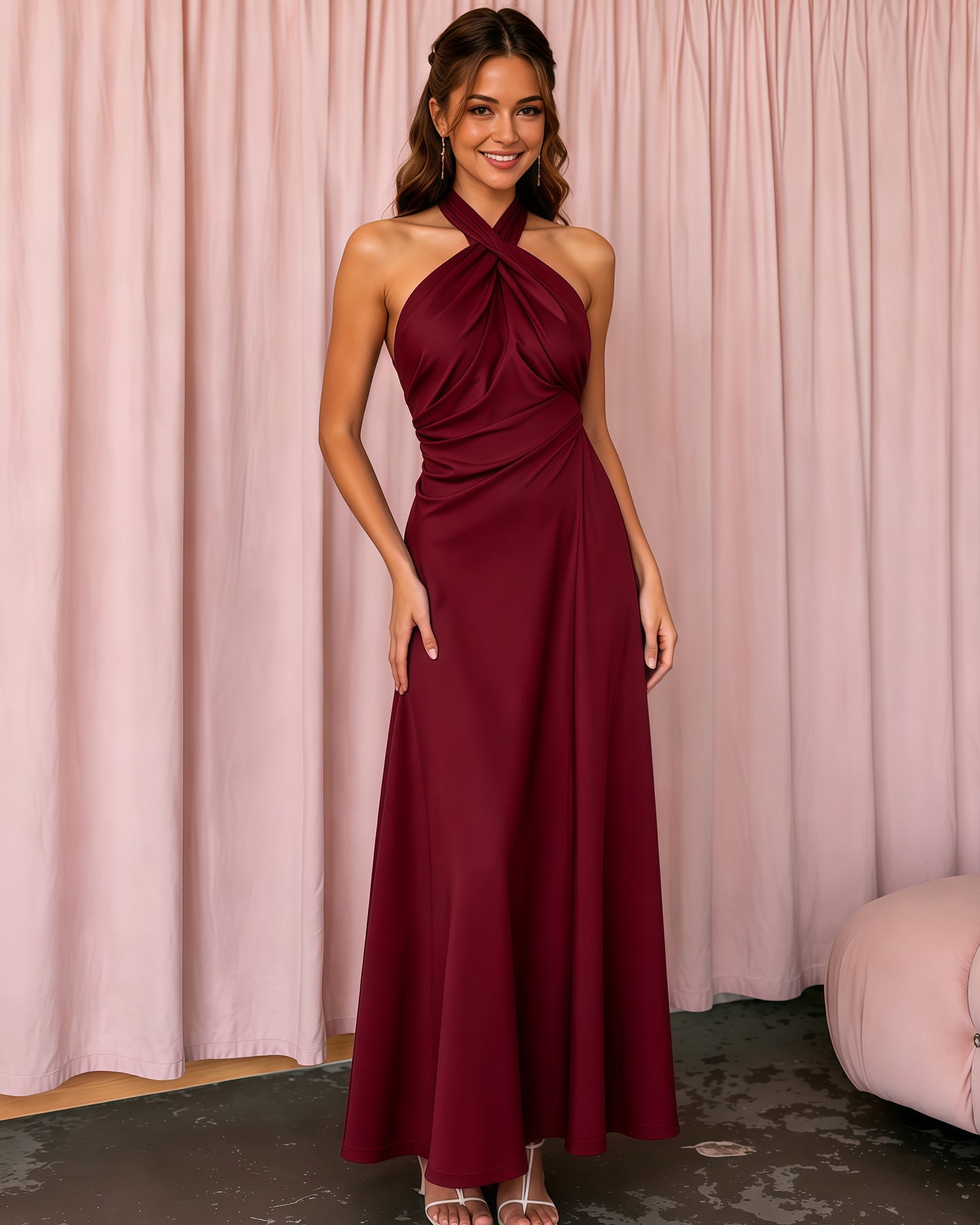Twist Halter Open-Back Satin A-Line Formal Dress