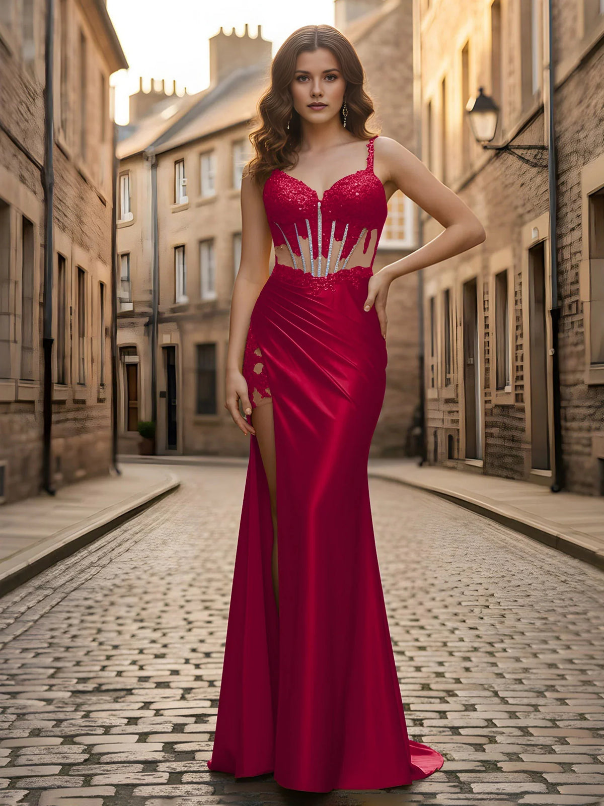 Spaghetti Strap Beaded Corset Satin Mermaid Formal Dress