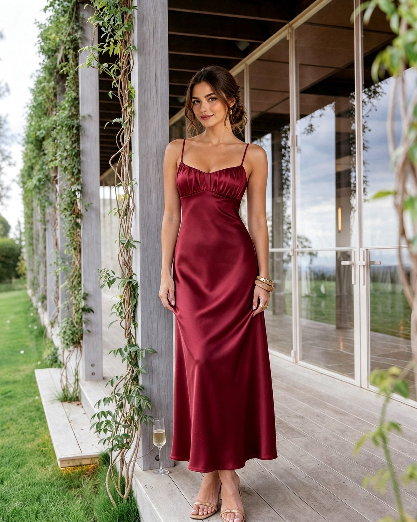Spaghetti Strap Ruched Bust Satin Bridesmaid Dress with Tie-Back