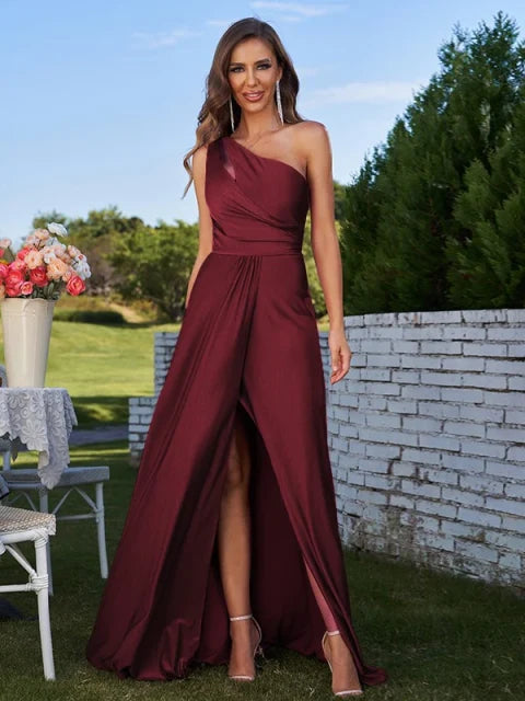 Cut-Out Front-Slit Slit One Shoulder A-Line Maxi Stretch Satin Bridesmaid Dress for Bridal Party