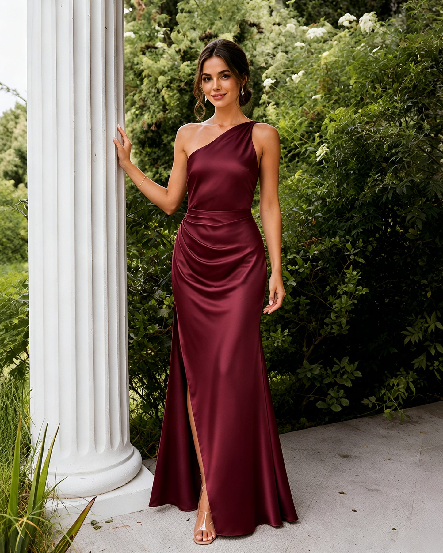 One Shoulder Satin Bridesmaid Gown with Ruched Waist and Side Slit