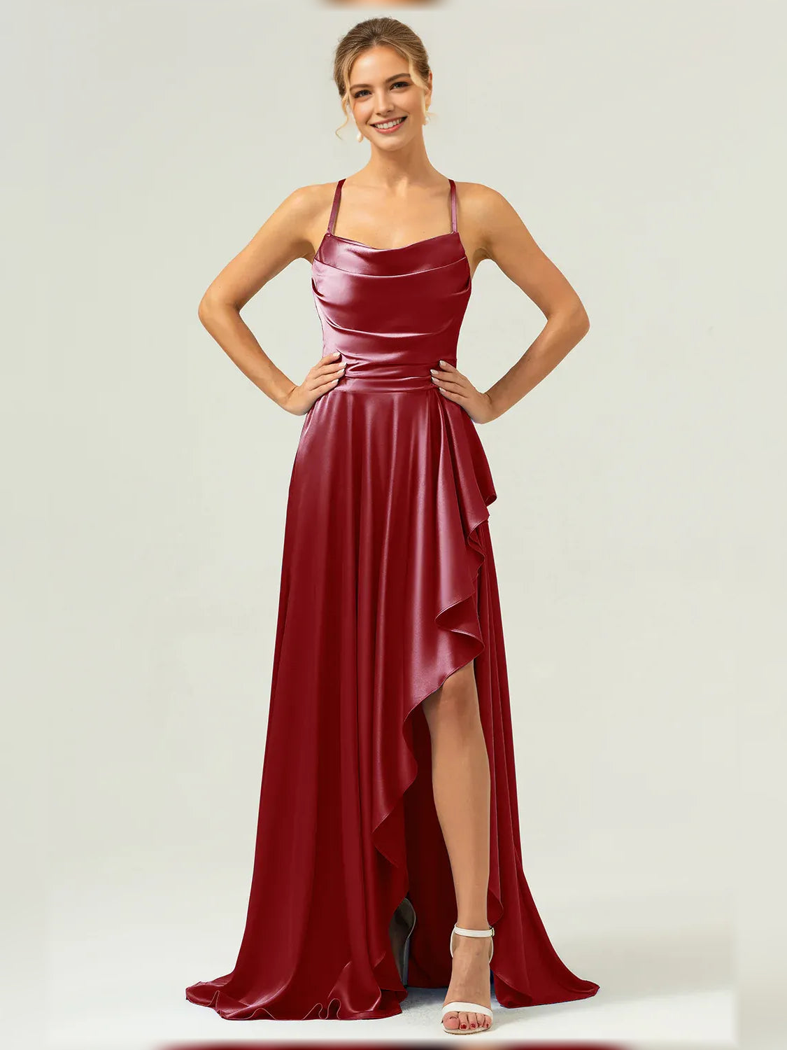 Cowl Neck Ruffles Slit Floor-Length Graceful Formal Dress