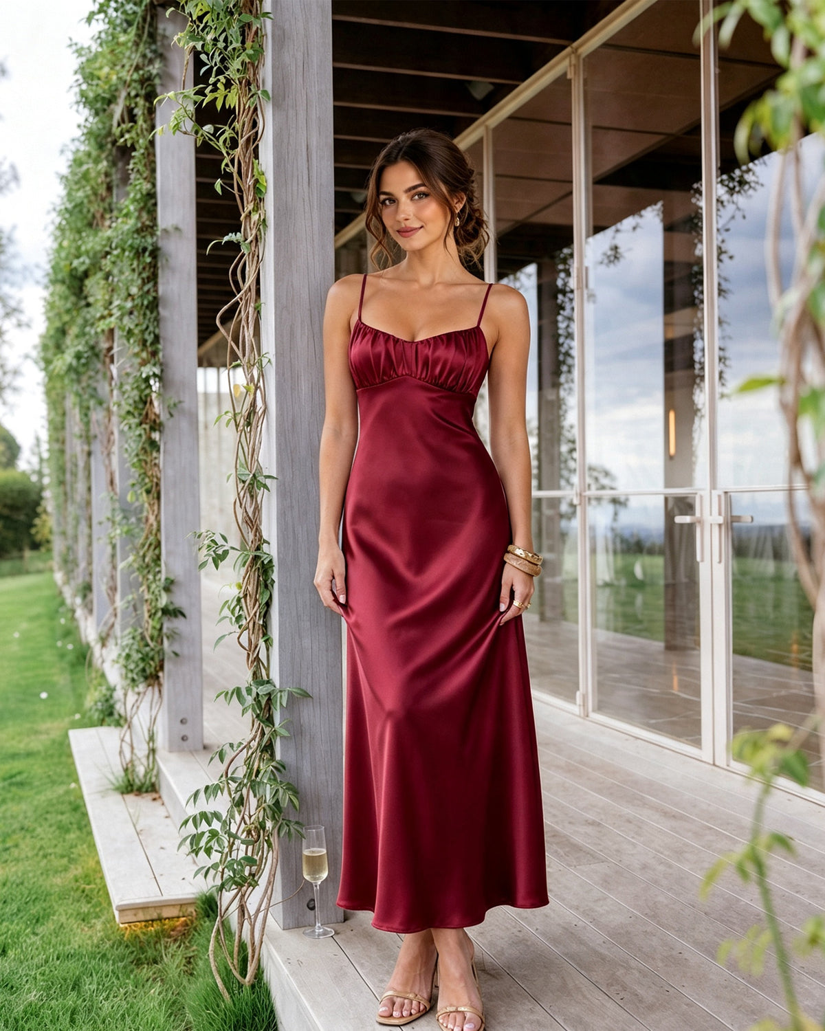 Spaghetti Strap Ruched Bust Satin Bridesmaid Dress with Tie-Back