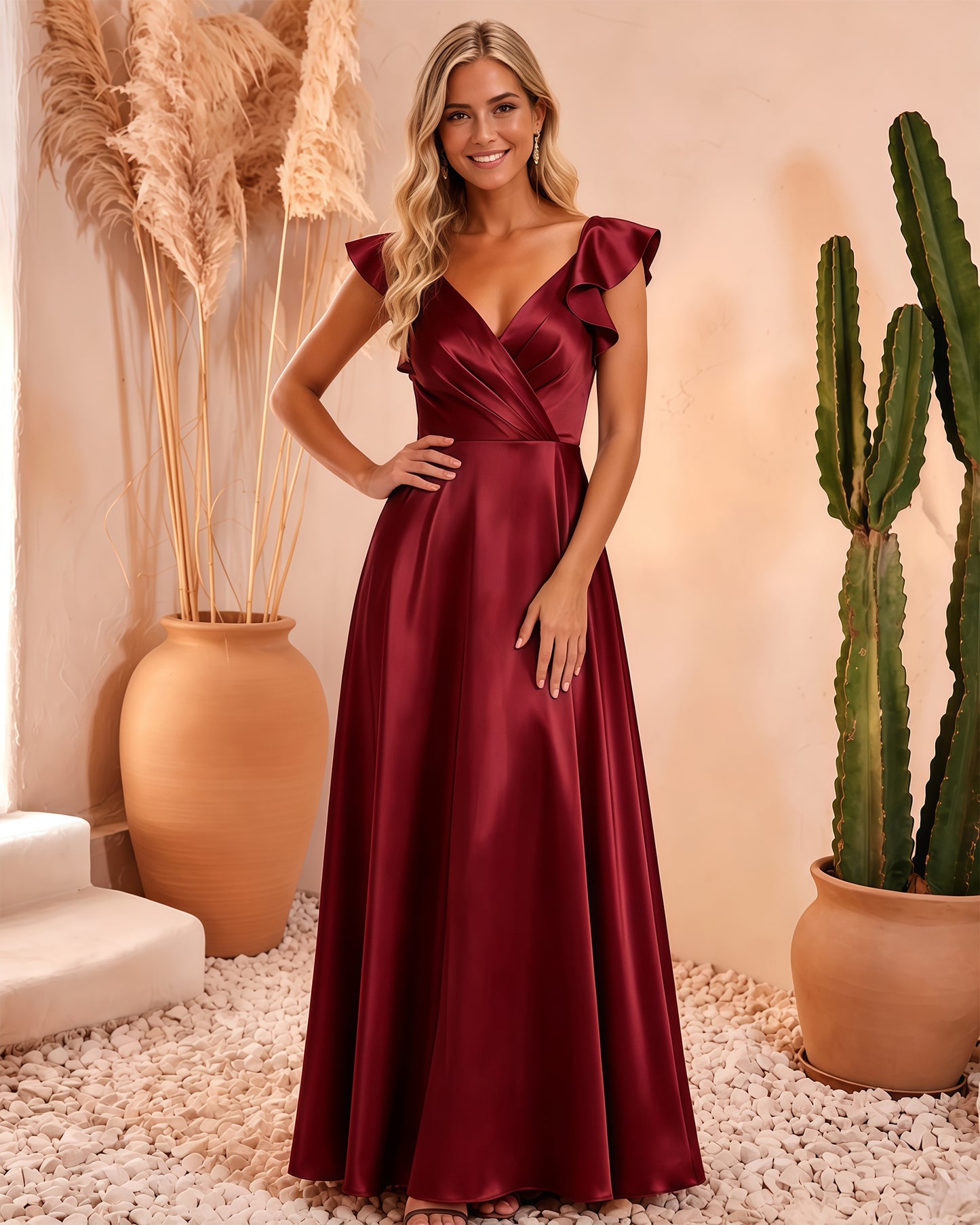 Flutter Sleeve V-Neck Satin A-Line Formal Dress