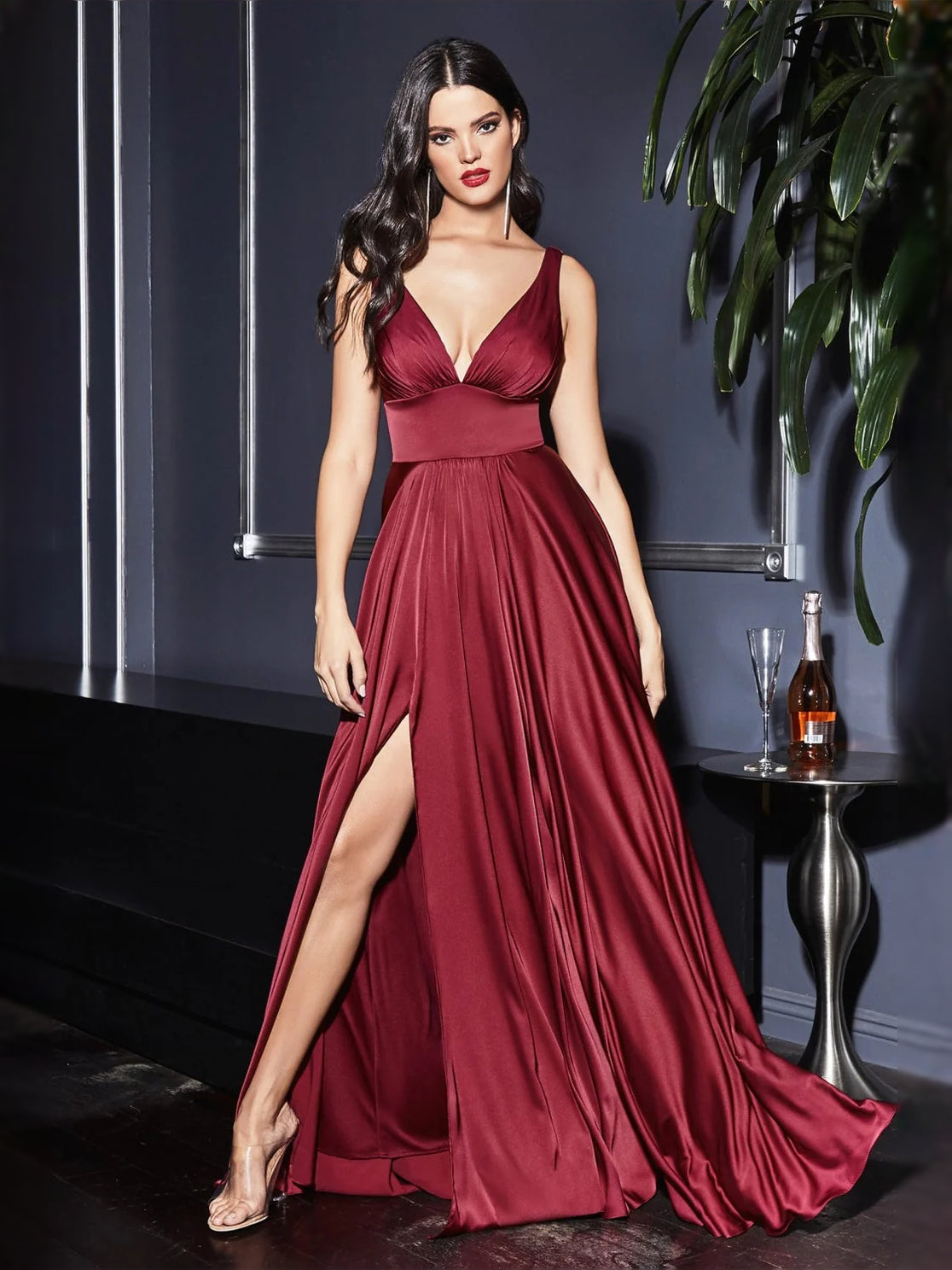 Slit V Neck A-Line Floor-Length Satin Prom Dress for Ballroom Event