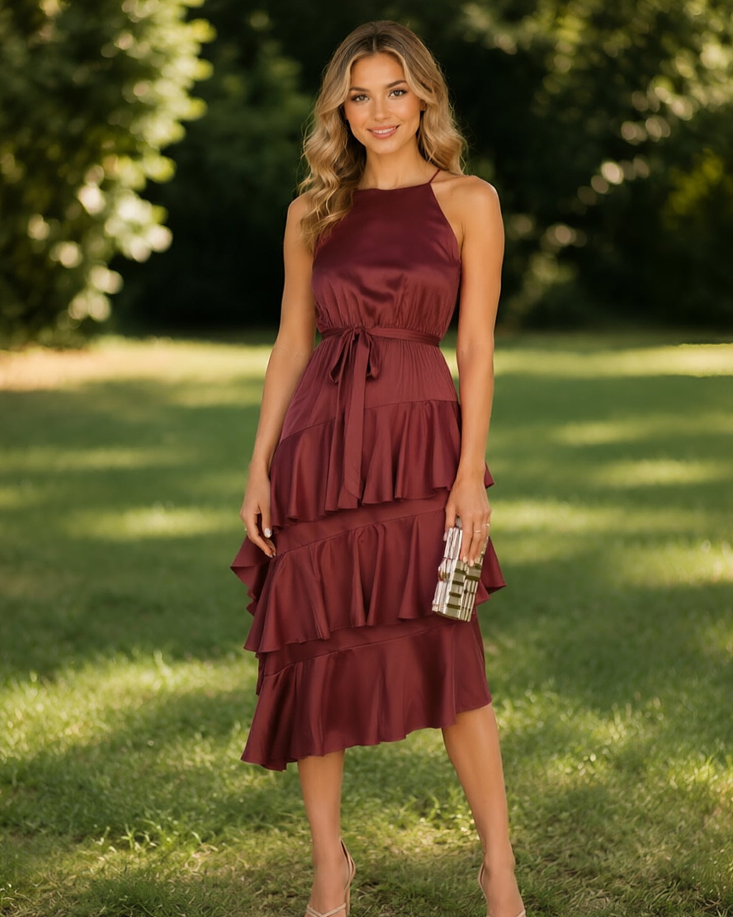 Halter Neck Tiered Ruffle Midi Bridesmaid Dress with Tie Waist