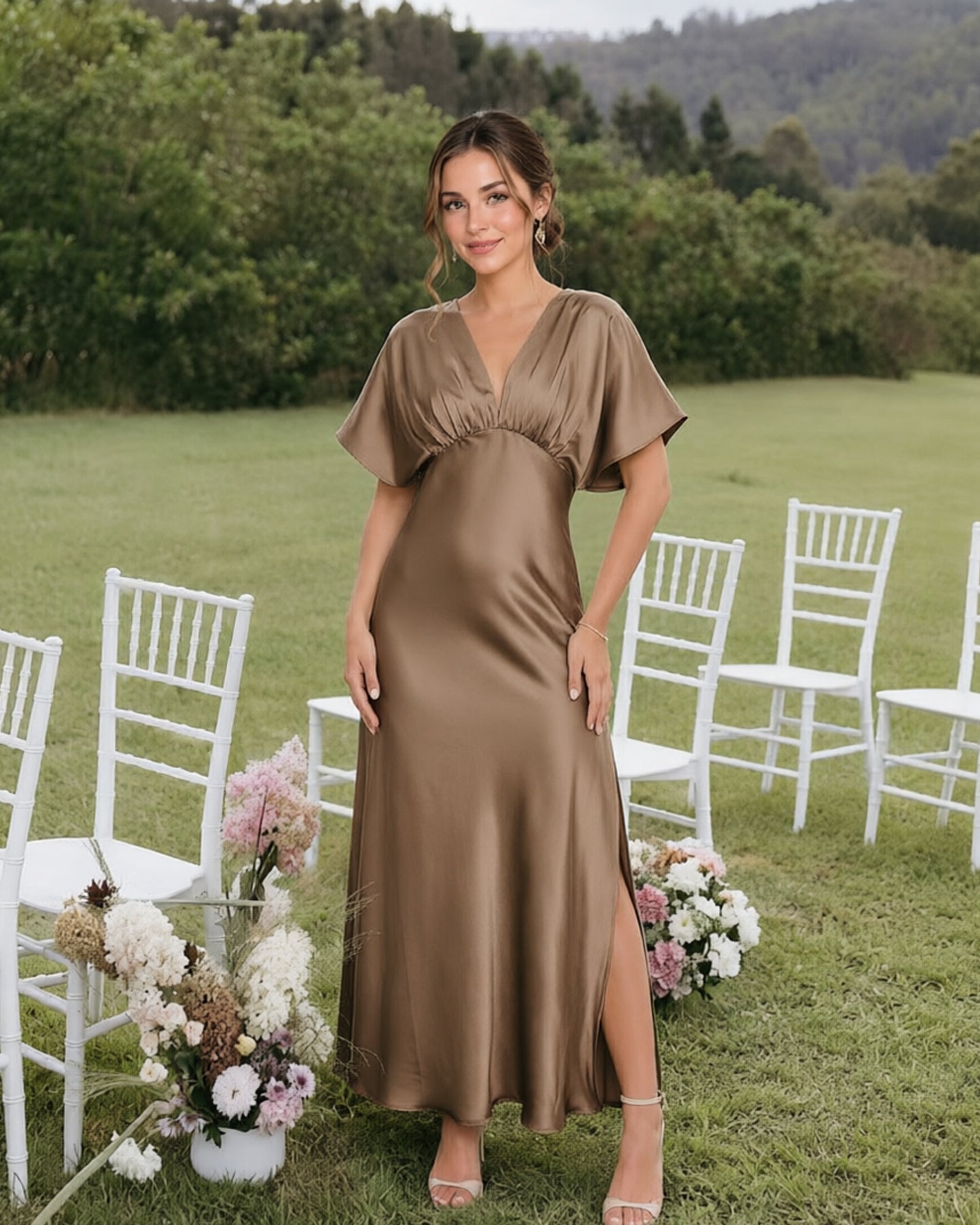 Empire Waist Satin Bridesmaid Dress with Flutter Sleeves and Side Slit