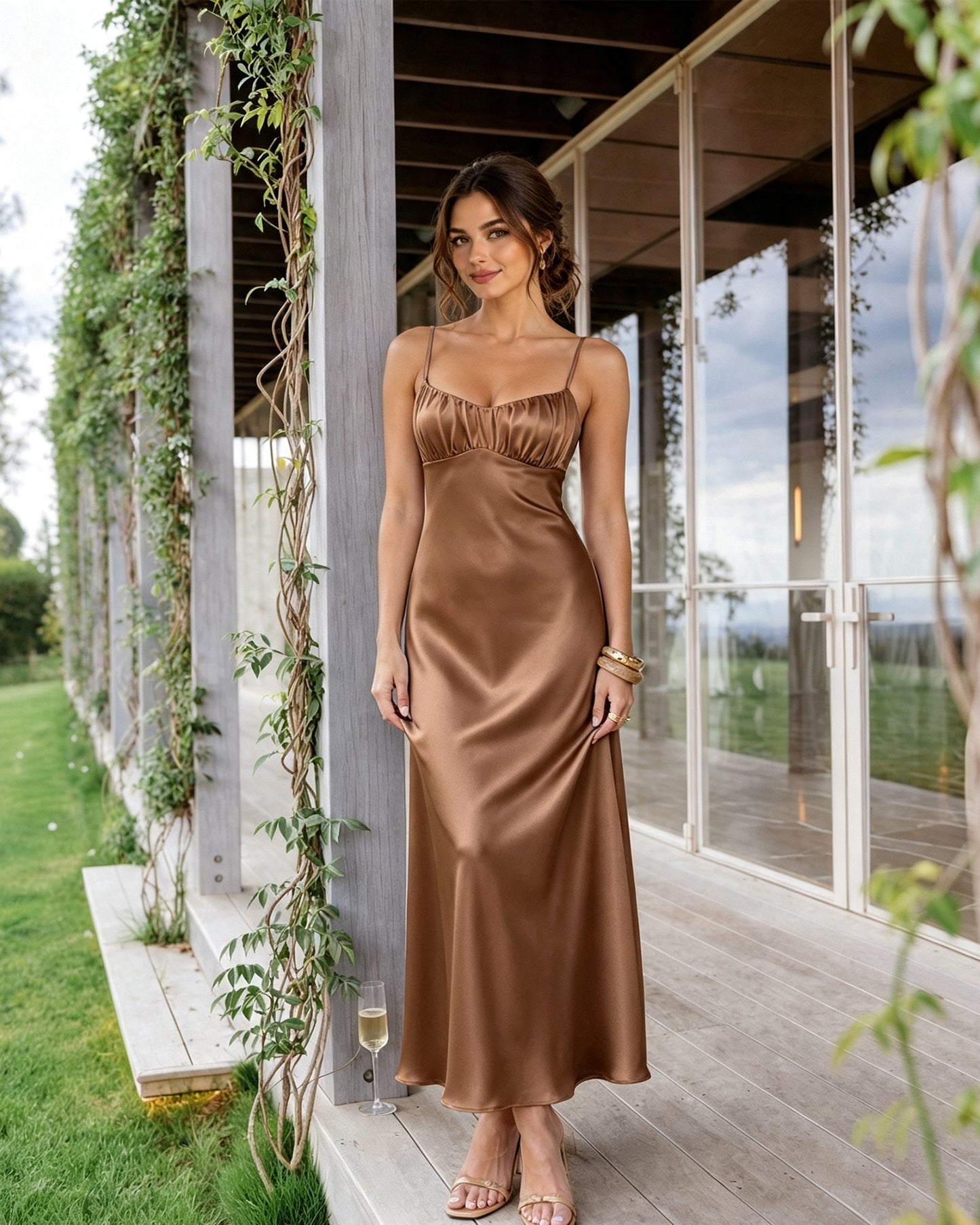 Spaghetti Strap Ruched Bust Satin Bridesmaid Dress with Tie-Back