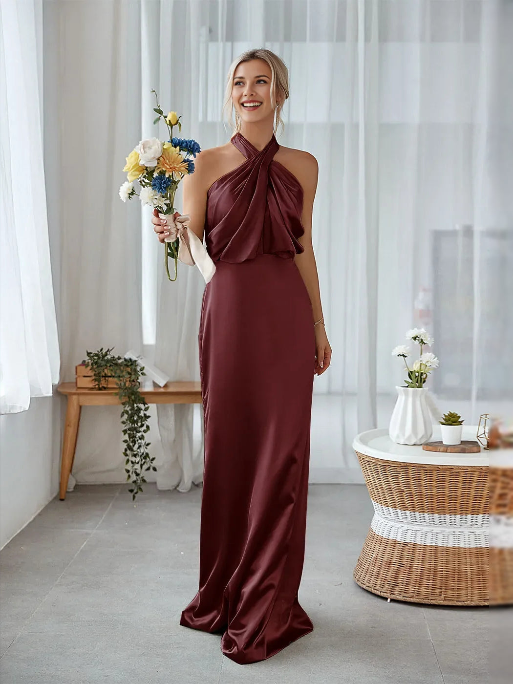 Draped Cut-Out Halter Neck Mermaid Floor-Length Satin Bridesmaid Dress for Estate Wedding