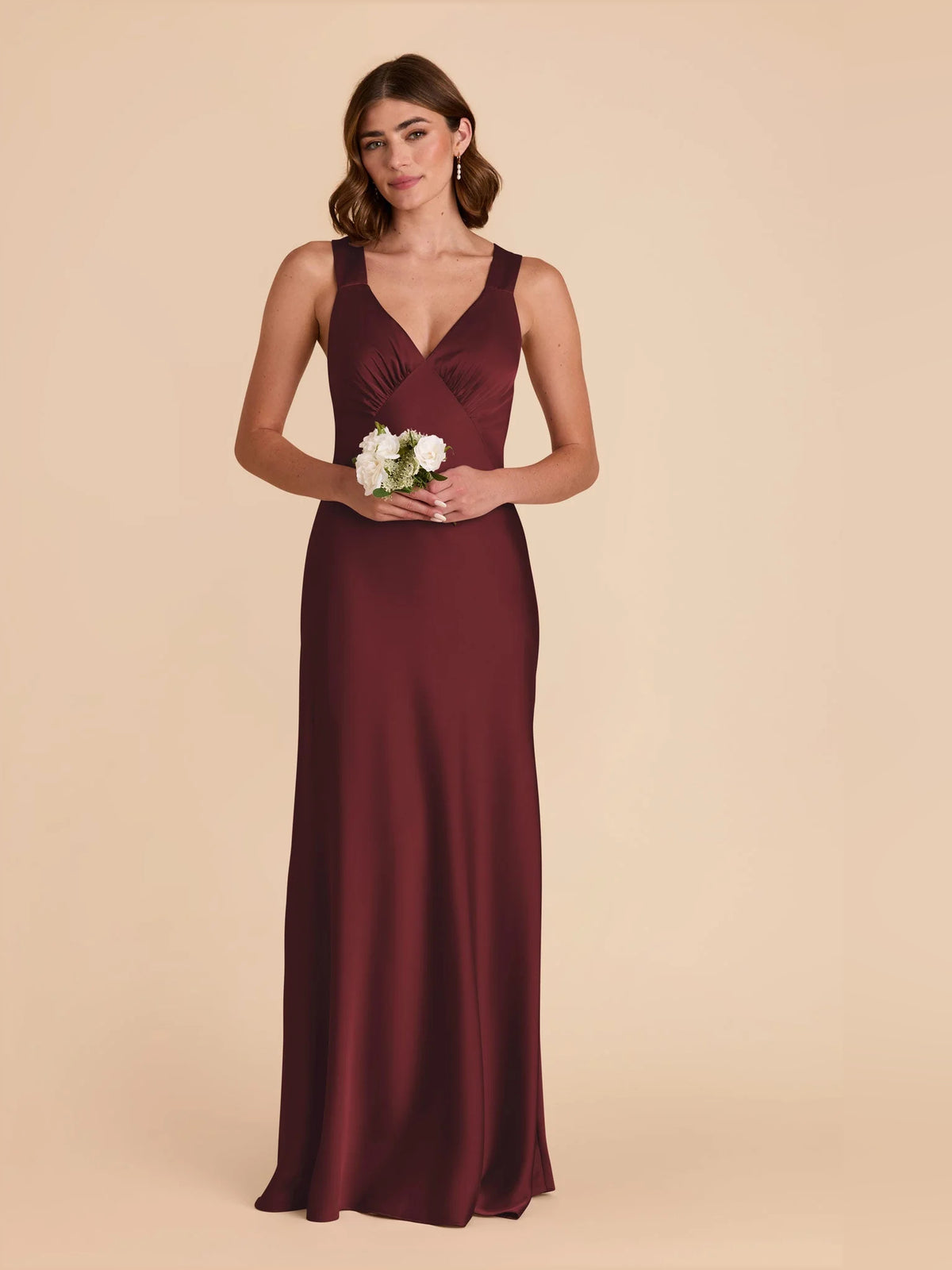 Ruched V Neck A-Line Maxi Satin Bridesmaid Dress for Church Wedding