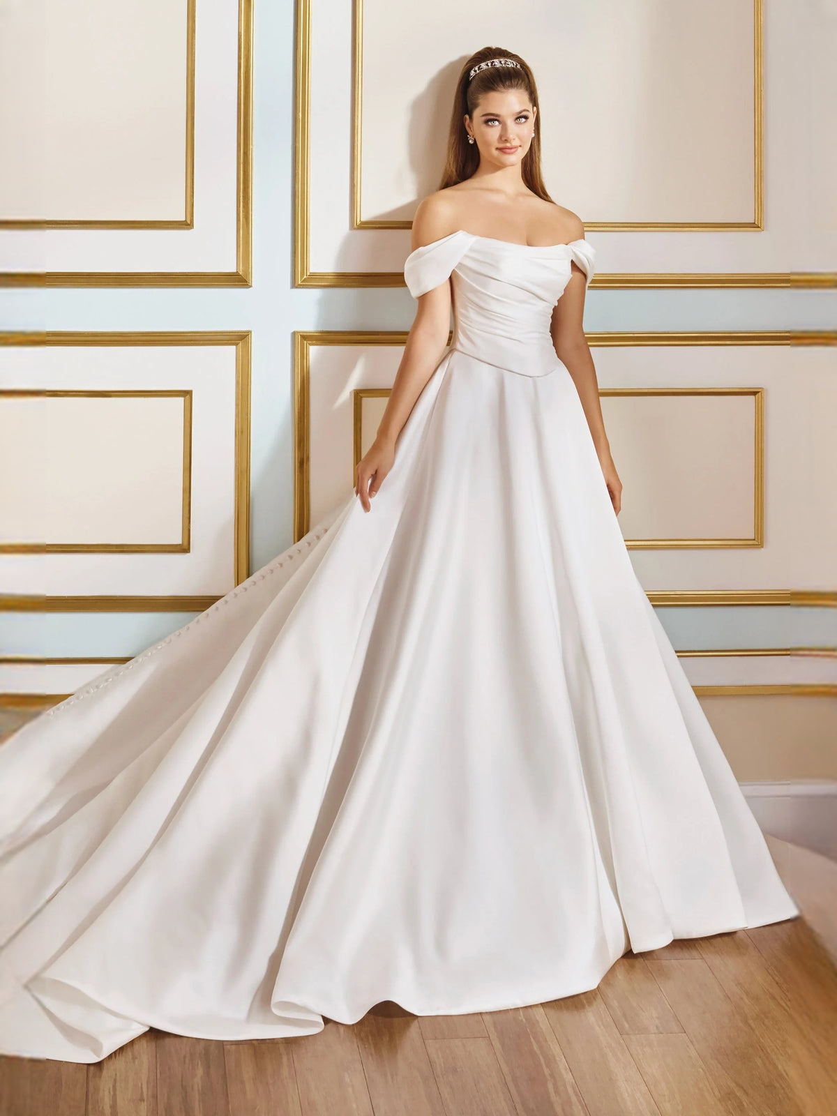 Ruched Draped Off Shoulder A-Line Floor-Length Satin Wedding Dress for Wedding Ceremony
