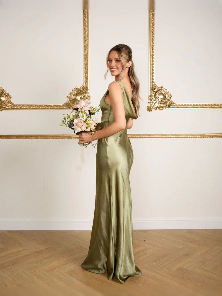 Cowl Neck Mermaid Floor-Length Chiffon Bridesmaid Dress for Church Wedding