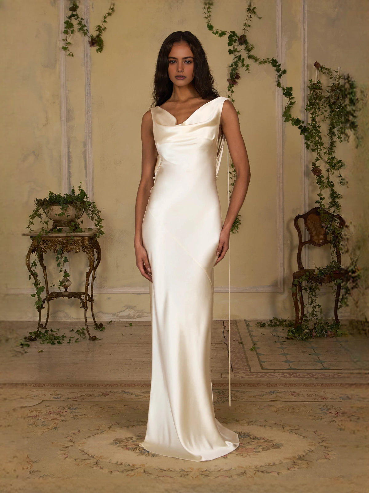 Ivory white Draped Bow Cowl Neck Sheath Floor-Length Satin Prom Dress for Formal Party