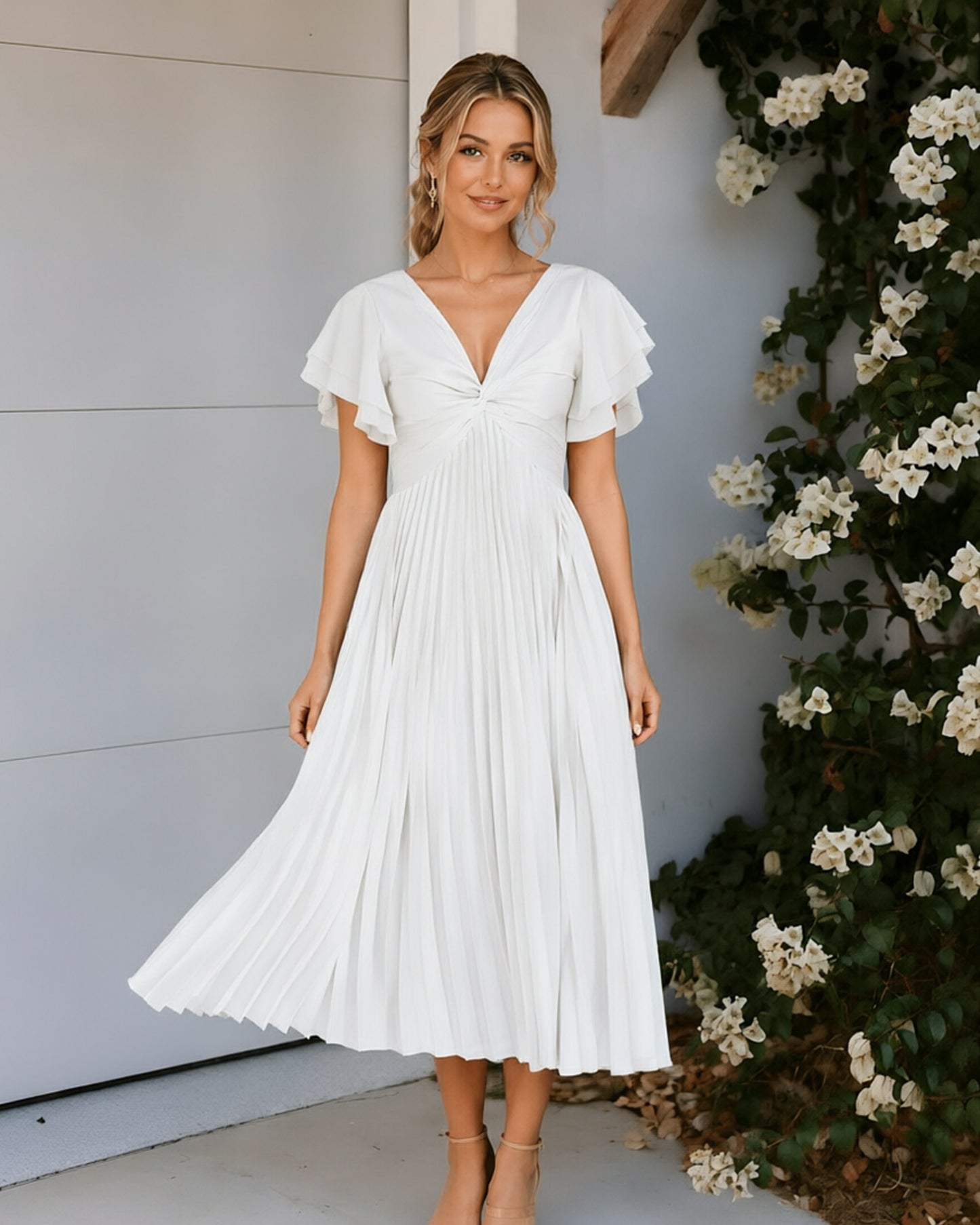 Pleated Chiffon Midi Bridesmaid Dress with Flutter Sleeves and Twist Front