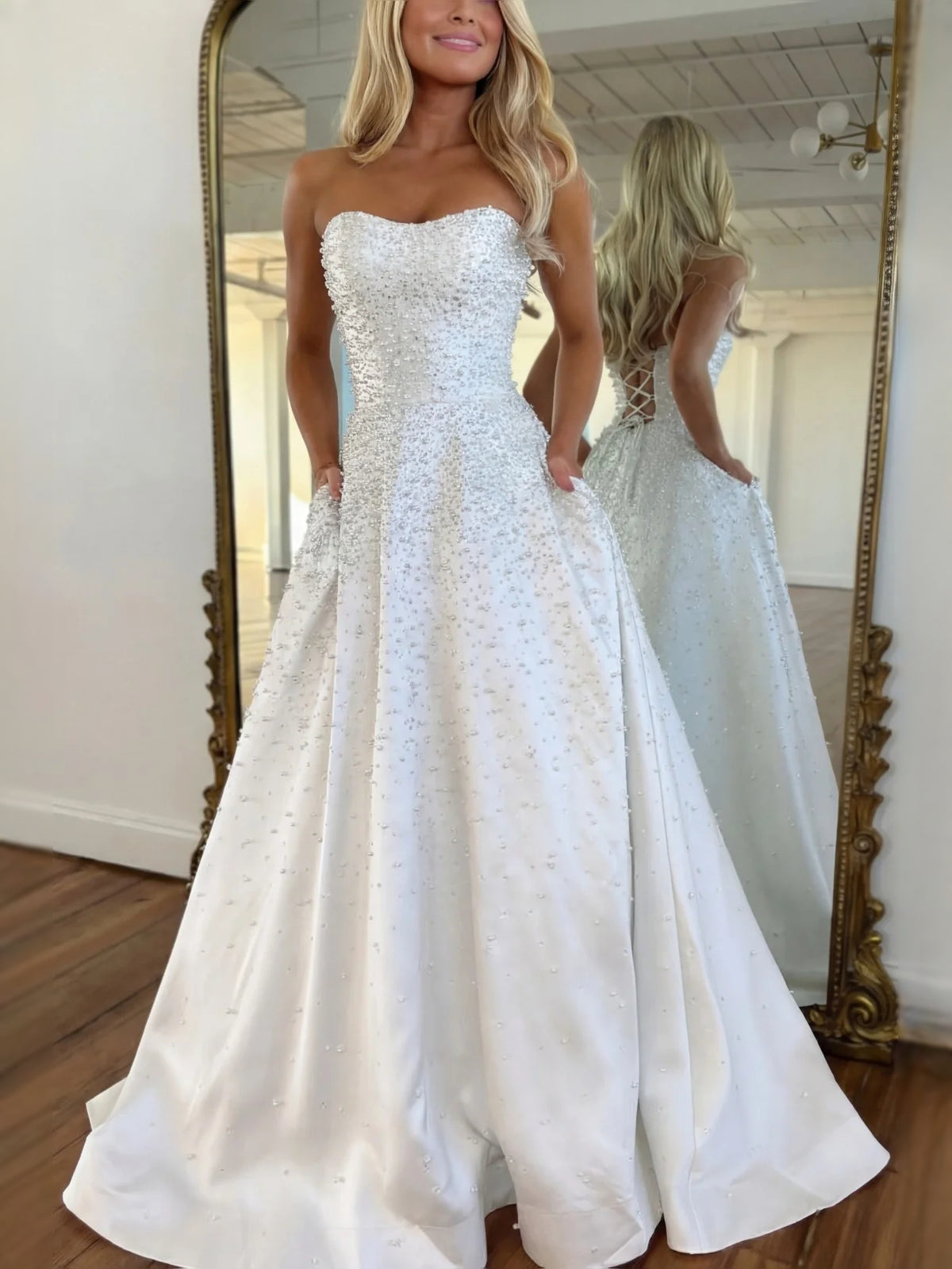 Beaded Glitter Sweetheart A-Line Maxi Satin Prom Dress for Awards Dinner