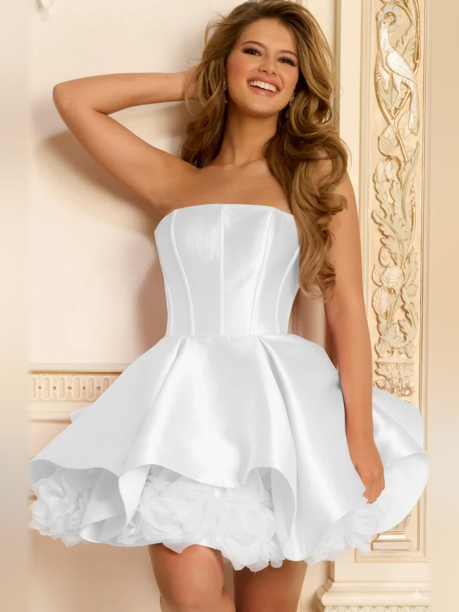 Corset Layered Floral Ruffled Strapless Fit-and-Flare Mini Satin Homecoming Dress for Dinner Party