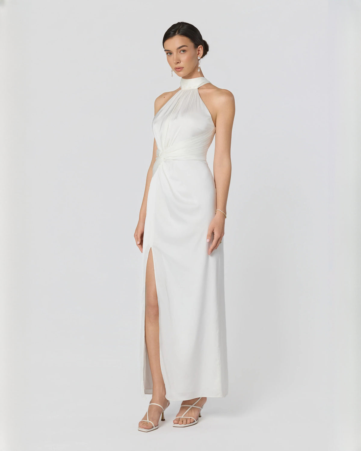 Graceful Formal Evening Halter Neck Satin A-Line Maxi Bridesmaid Dress