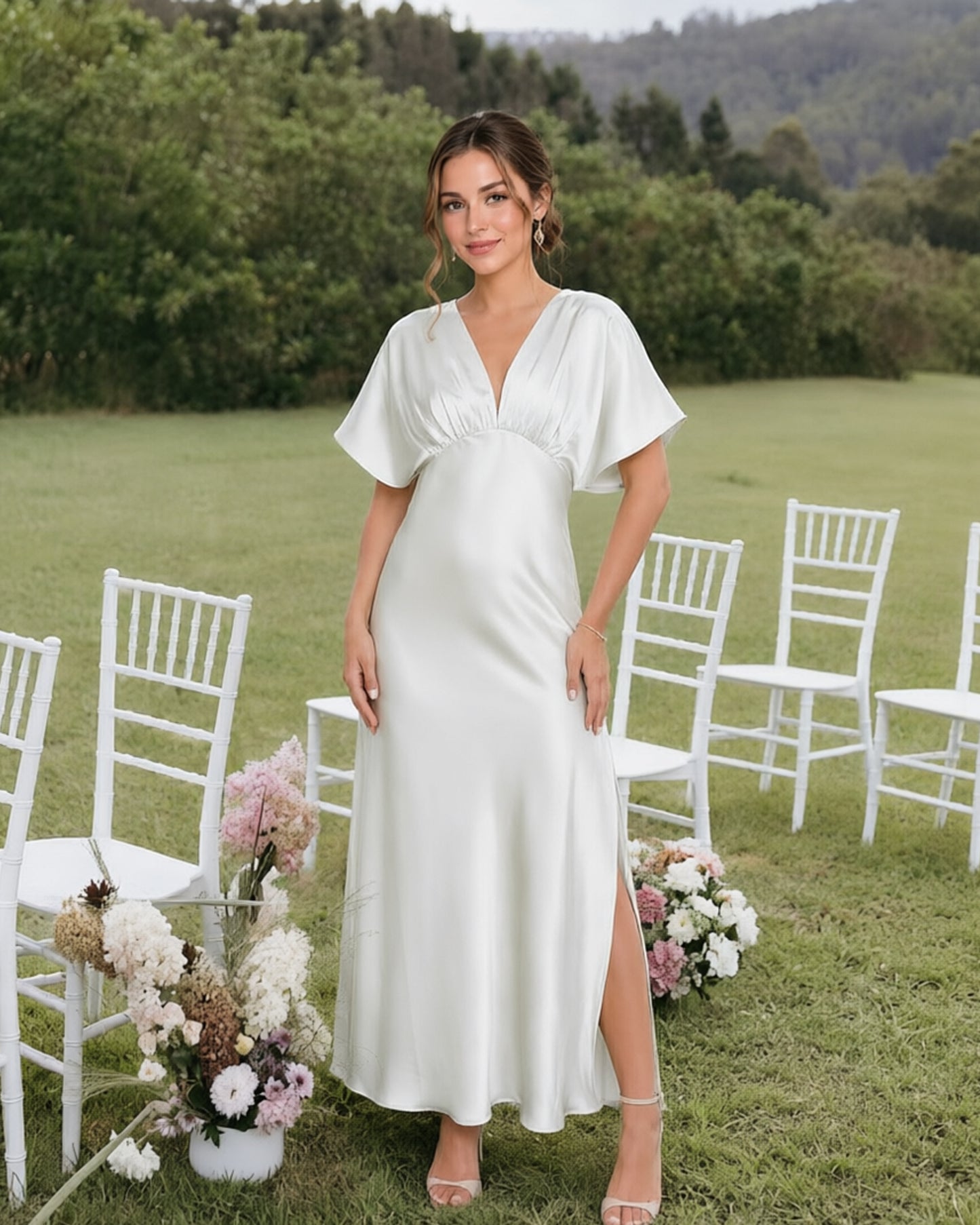 Empire Waist Satin Bridesmaid Dress with Flutter Sleeves and Side Slit