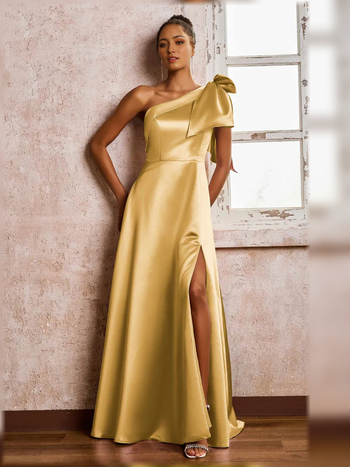 One-Shoulder Slit A-Line Floor-Length Romantic Formal Dress