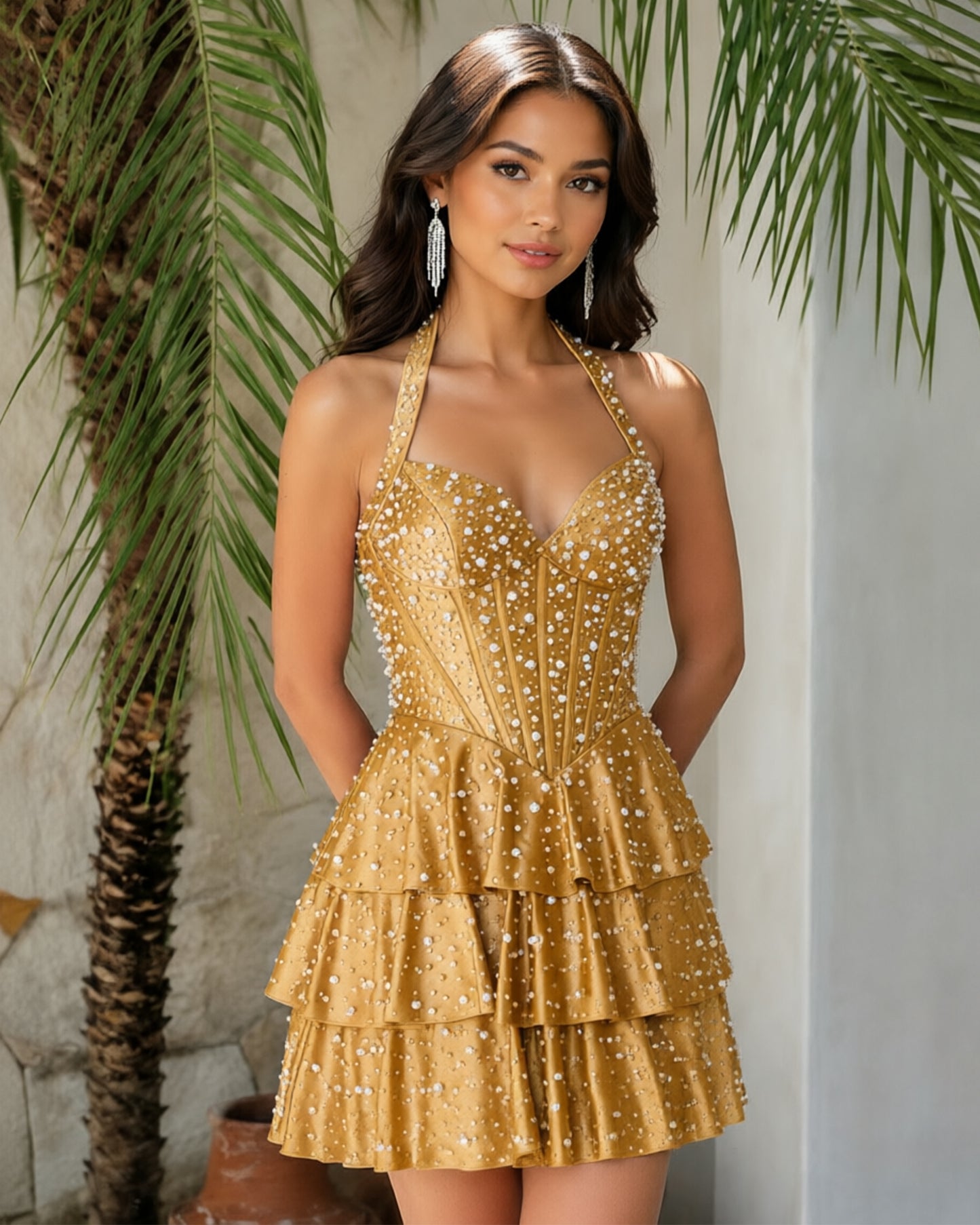 Halter Beaded Corset Tiered Homecoming Dress