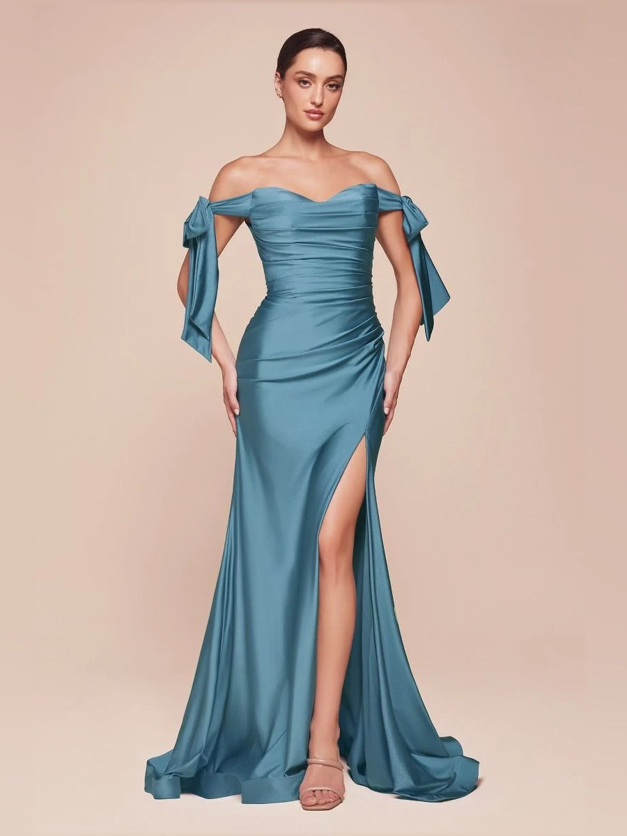 Ruched Draped Slit Sweetheart Mermaid Floor-Length Satin Prom Dress for Evening Ceremony