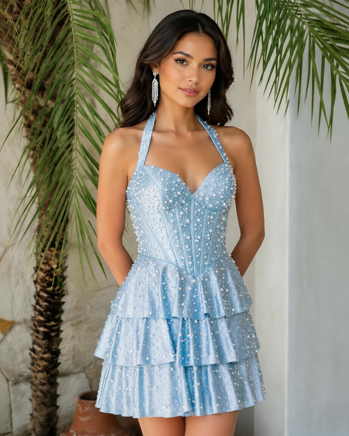 Halter Beaded Corset Tiered Homecoming Dress