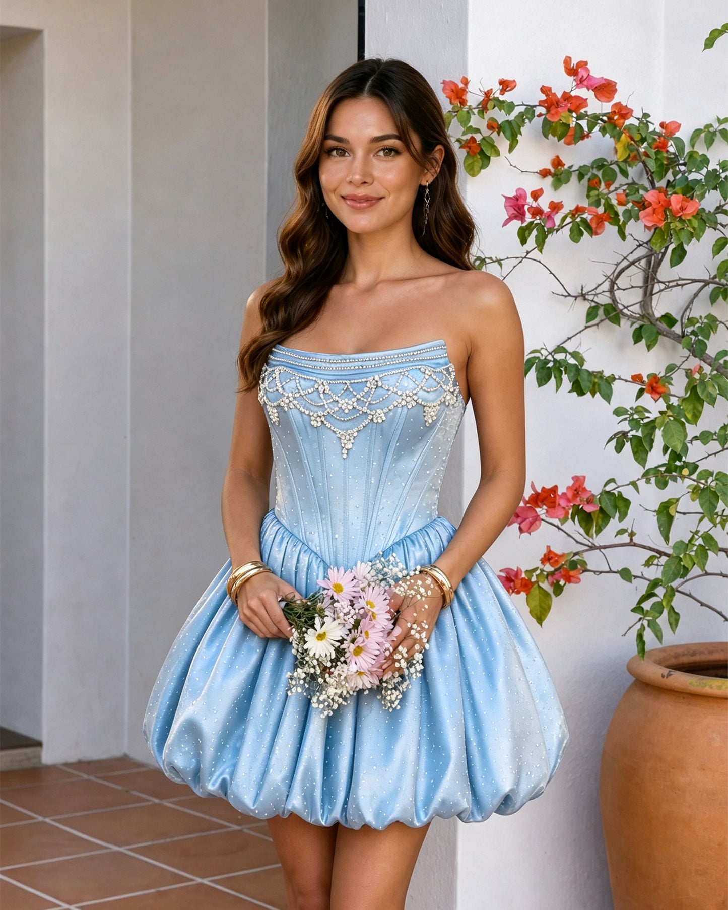 Strapless Beaded Corset Bubble Hem Homecoming Dress
