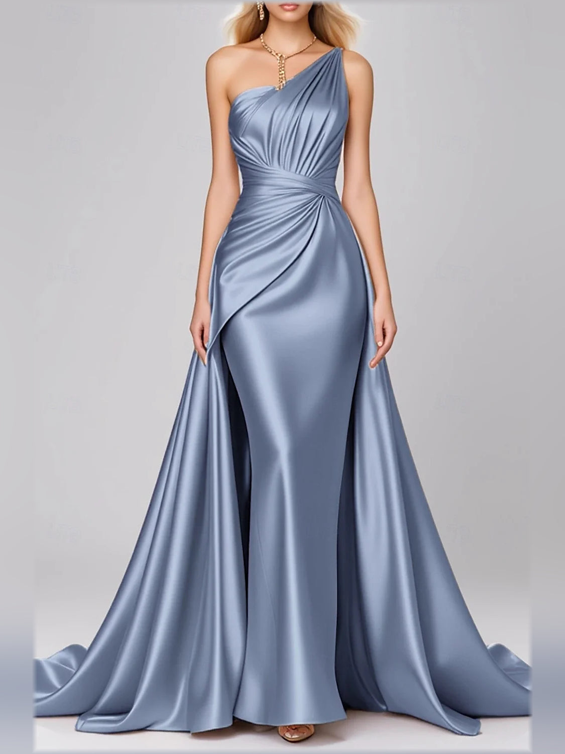 One-Shoulder Draped Overlay-Train Satin Mermaid Formal Dress