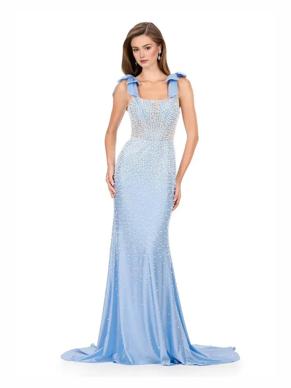Corset Bow Square Neck Mermaid Floor-Length Satin Prom Dress for Charity Ball