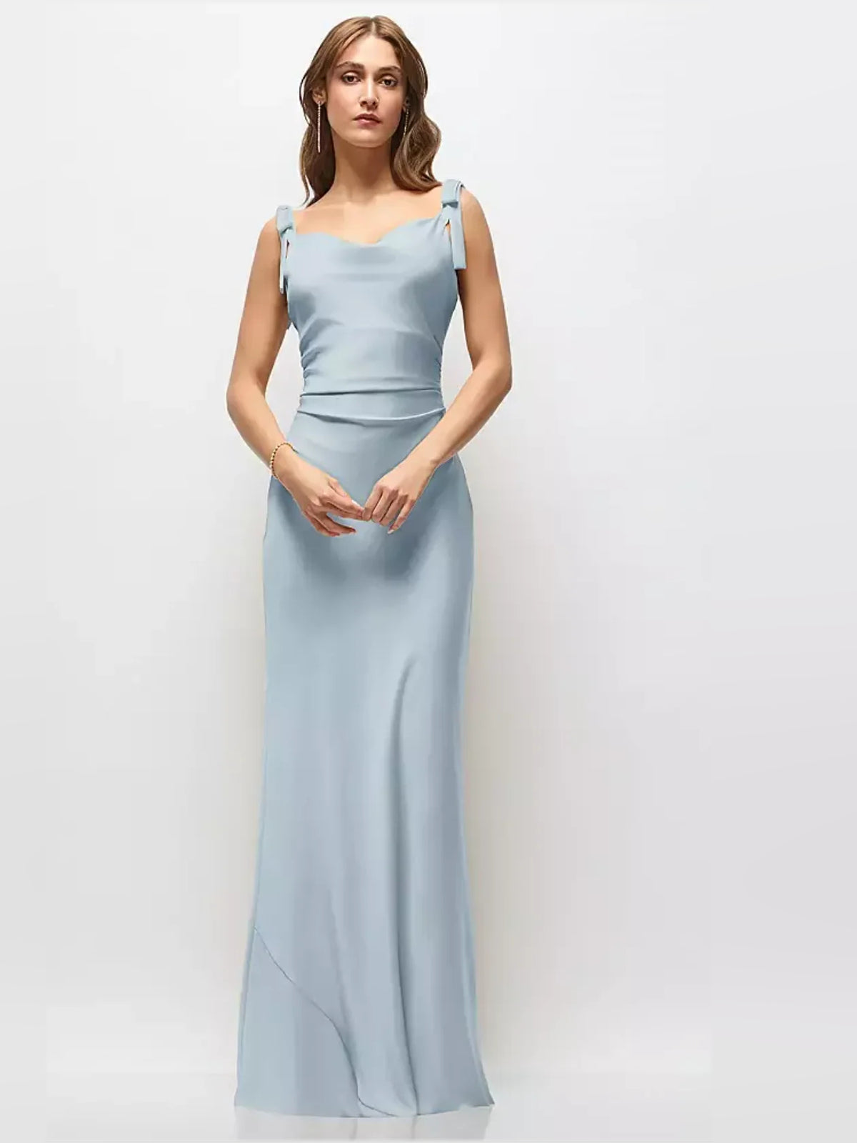 Ruched Bow Strapless Bodycon Maxi Satin Bridesmaid Dress for Bridal Party