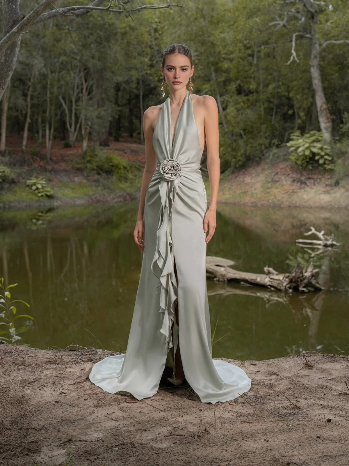 Ruffled Floral Slit Backless V Neck Mermaid Maxi Satin Prom Dress for Red Carpet Event