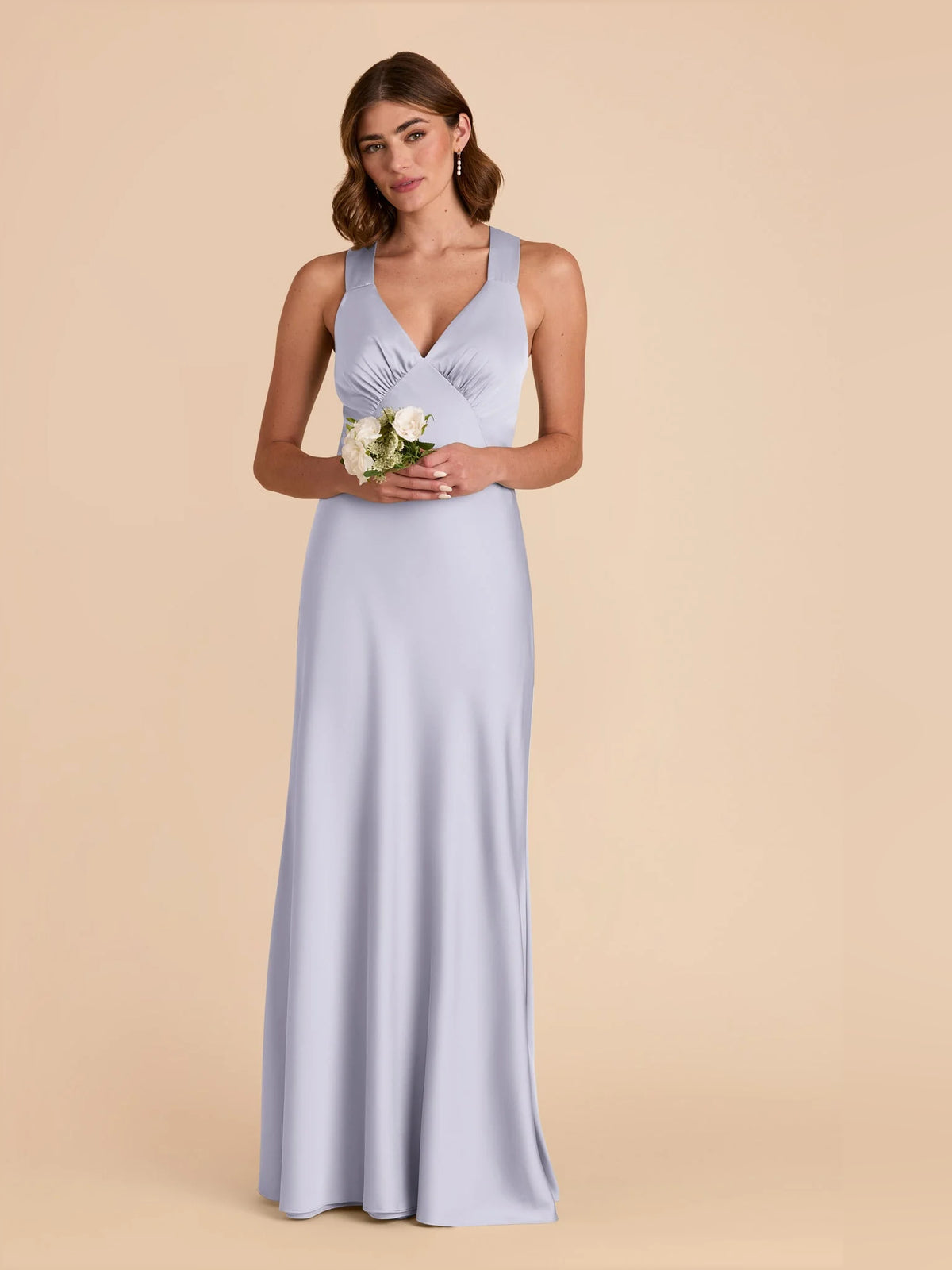 Ruched V Neck A-Line Maxi Satin Bridesmaid Dress for Church Wedding