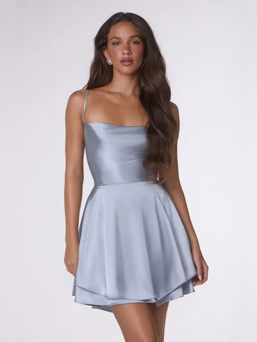 Draped Tiered Cowl Neck Flared Mini Satin Homecoming Dress for Dance Party