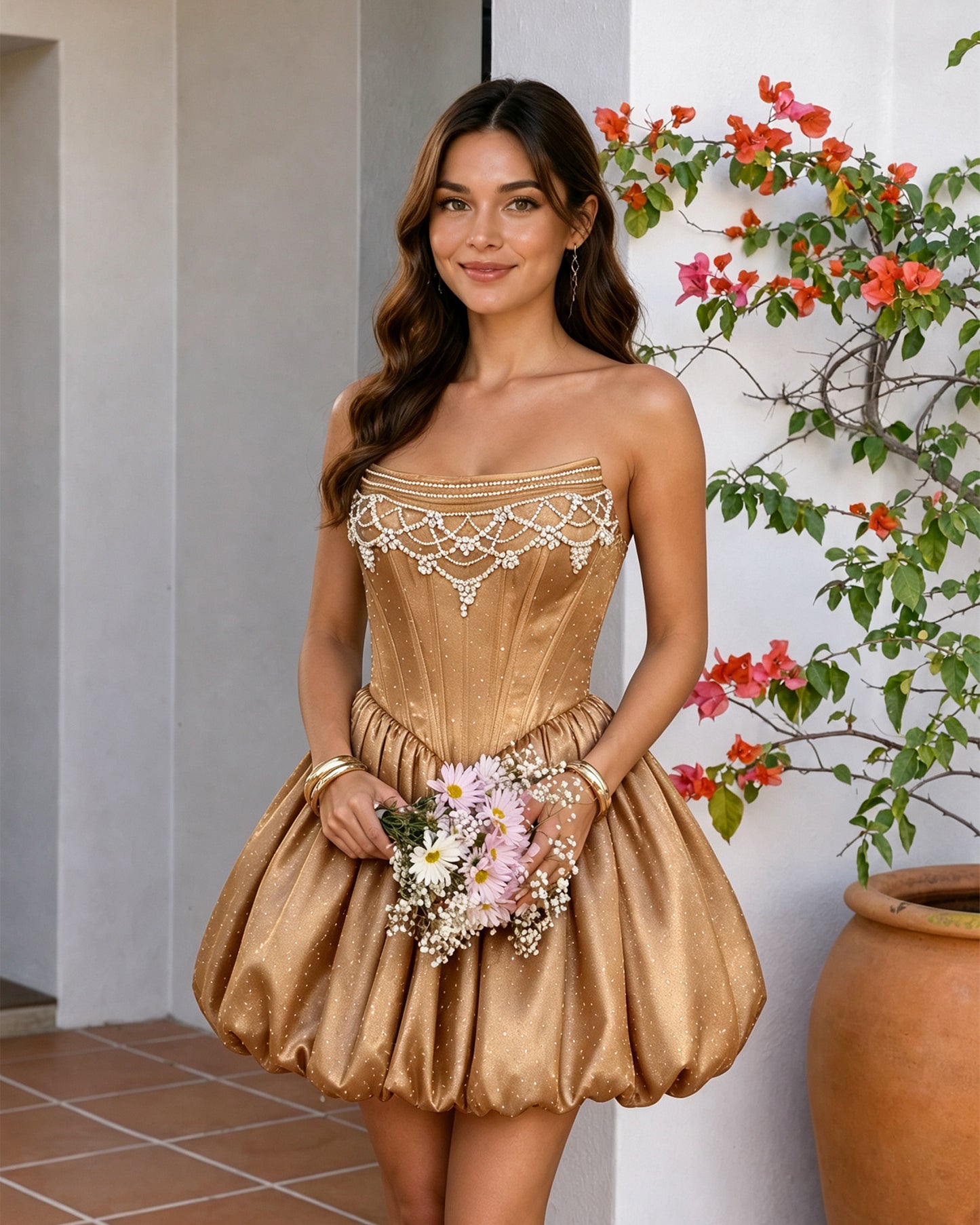 Strapless Beaded Corset Bubble Hem Homecoming Dress