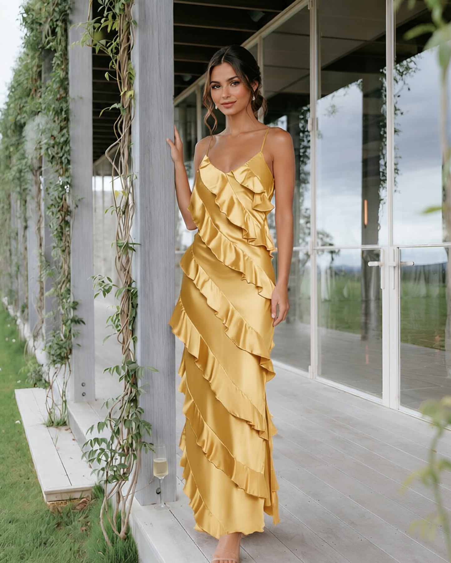 Spaghetti Strap Satin Bridesmaid Dress with Cascading Ruffles and Side Slit