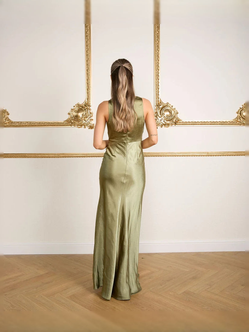 Cowl Neck Sheath Floor-Length Satin Bridesmaid Dress for Destination Wedding