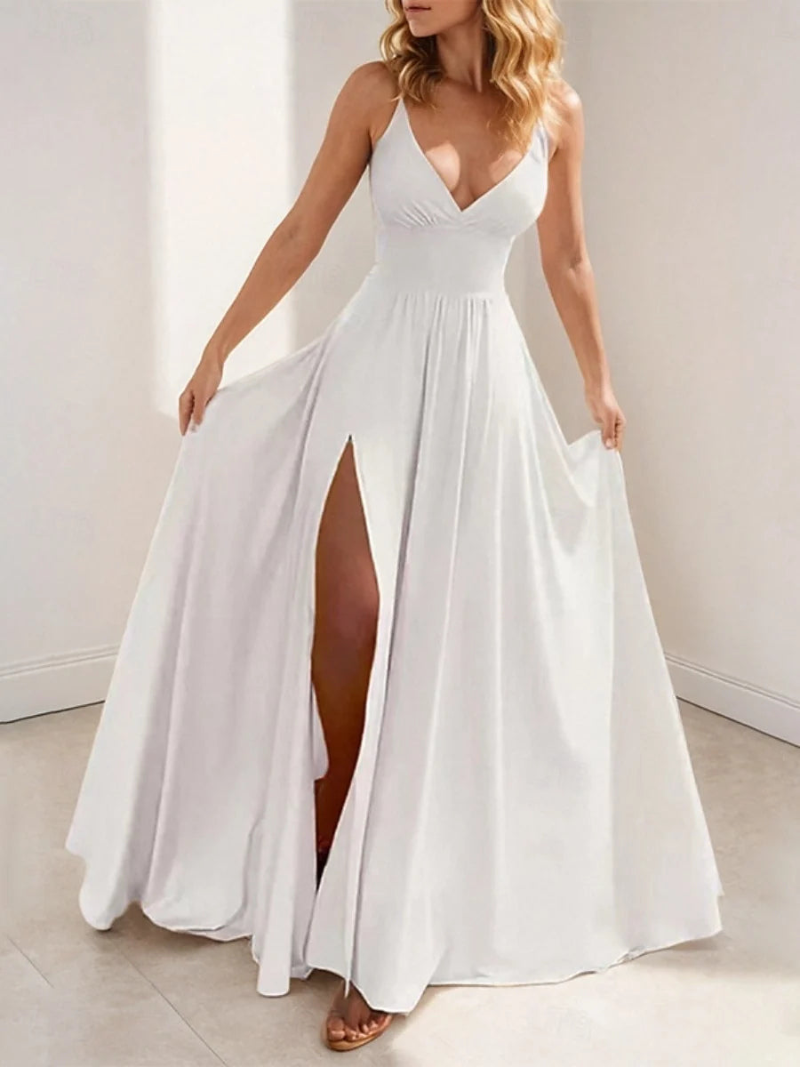Ruched Side-Slit Slit V Neck A-Line Maxi Satin Prom Dress for Hotel Gala