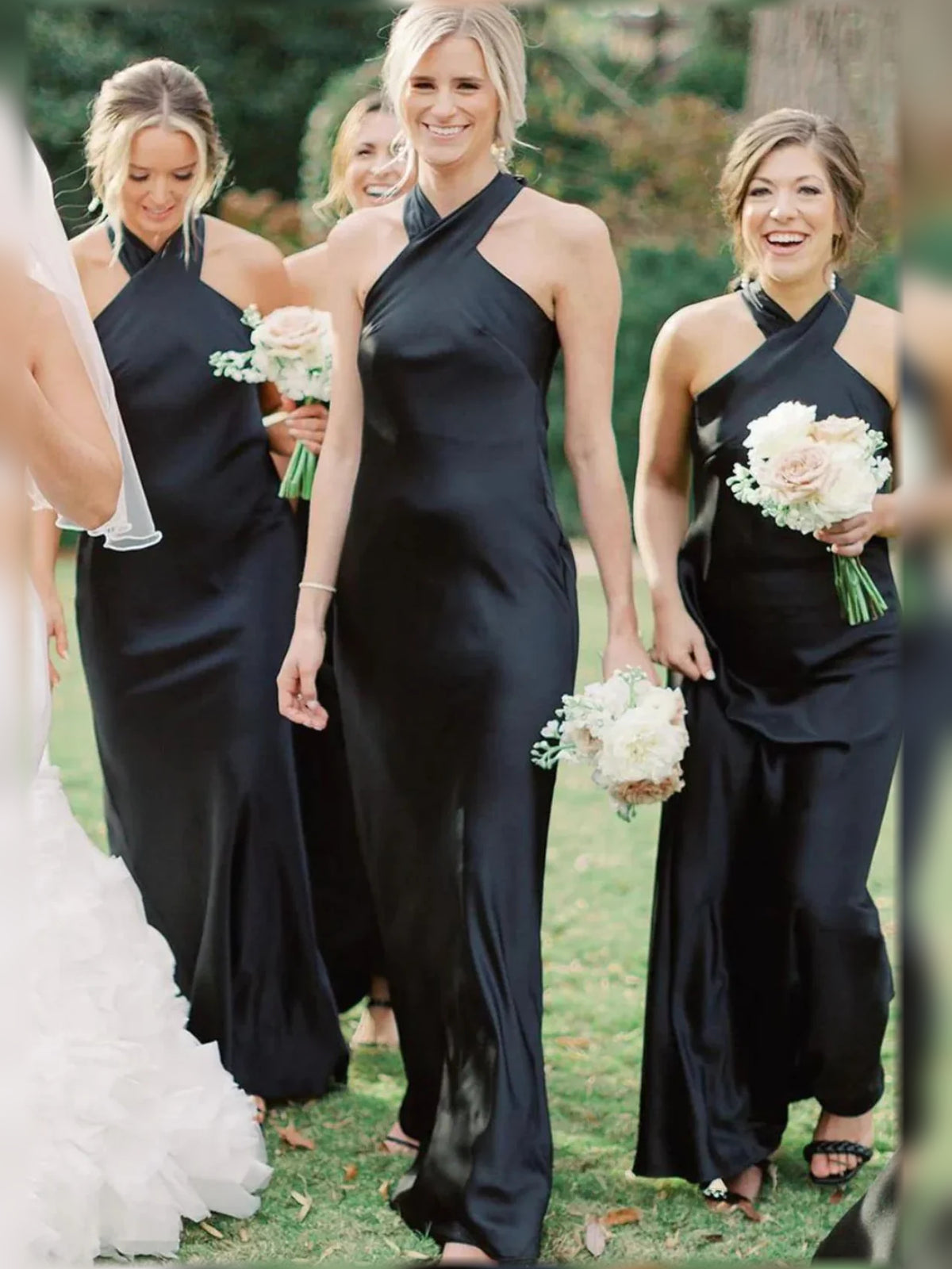 Halter Neck Sheath Floor-Length Satin Bridesmaid Dress for Garden Wedding