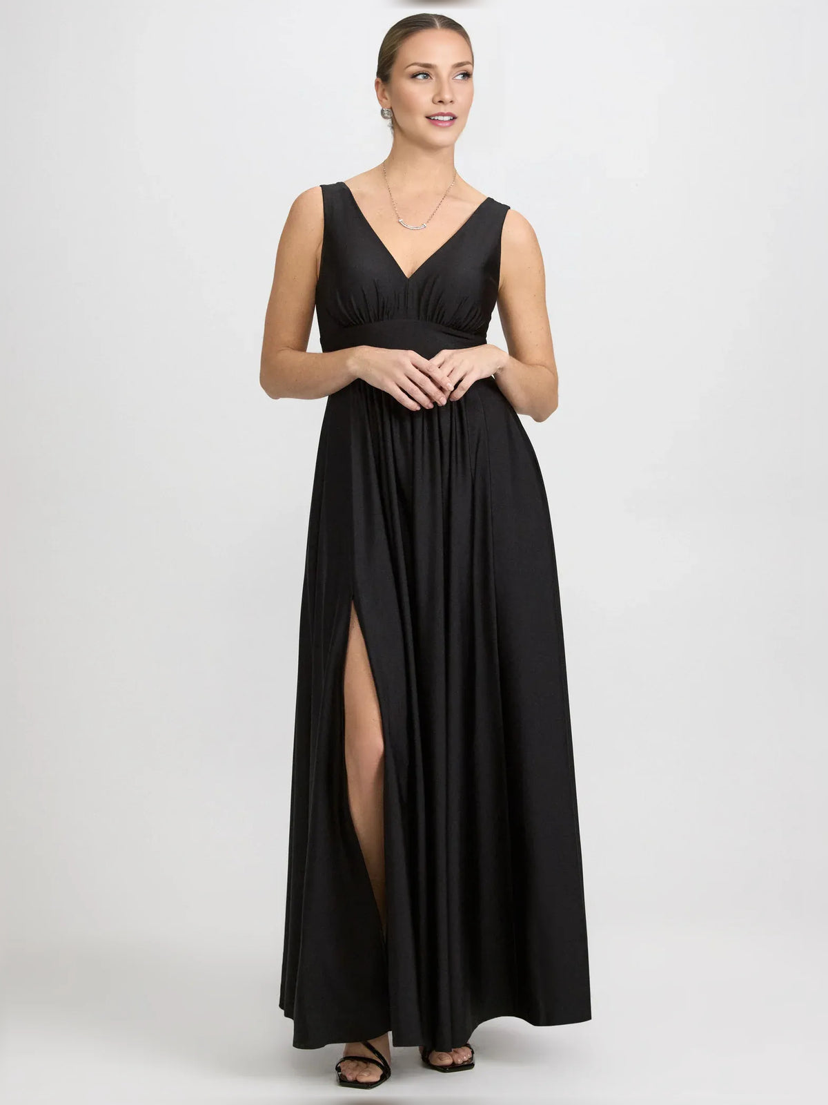 V Neck Ruching Slit Floor-Length Formal Dress
